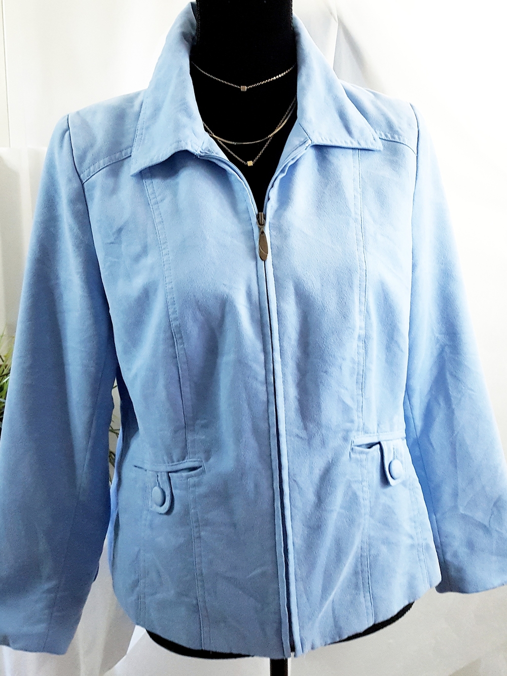 TanJay Vintage Light Blue Faux Suede Zip-Front Blazer Jacket - Picture 7 of 13
